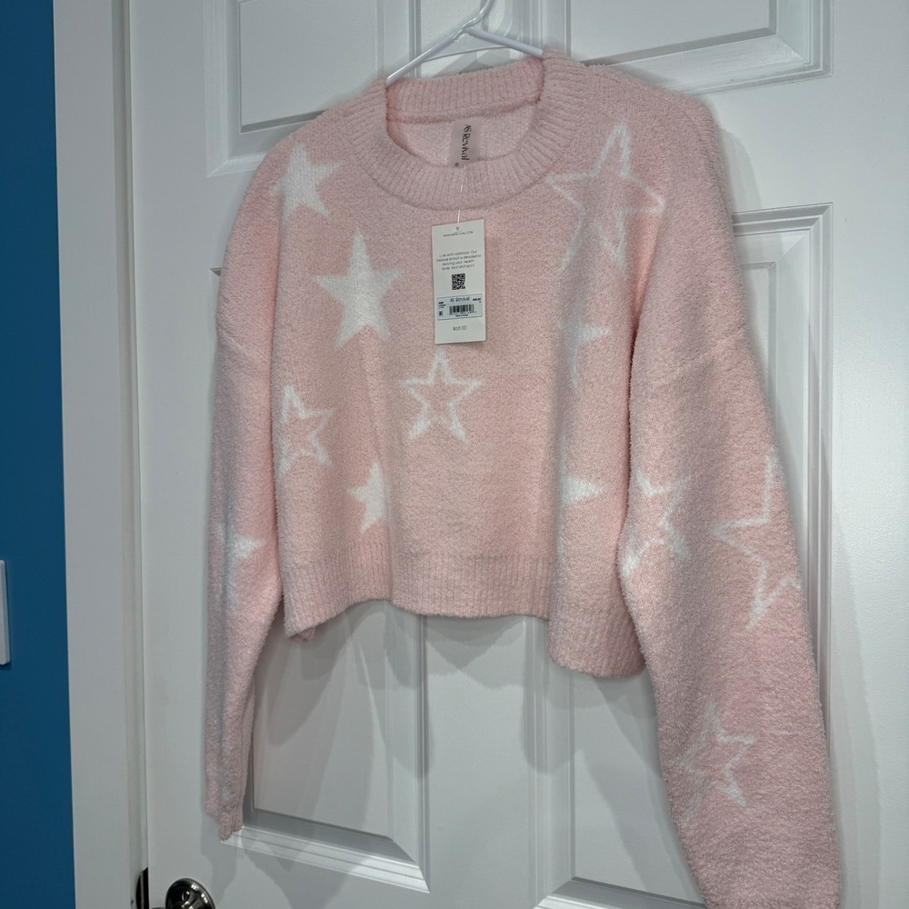 AS Revival Star Pattern Fuzzy Knit Cropped Sweater Light Pink Size Small - Picture 4 of 7